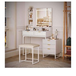 Gold Vanity Makeup Desk, Vanity Set with Mirror and 3-Mode Lights, 5 Drawers Vanity Table with Removable Side Storage Cabinet, Stool for Bedroom - 1 of 4