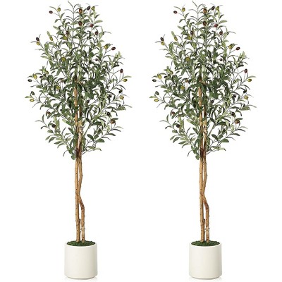 Artificial Olive Tree with White Pot, Faux Floor Plants with Natural Wood Trunk & Fruits