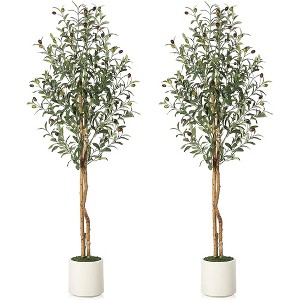 Artificial Olive Tree with White Pot, Faux Floor Plants with Natural Wood Trunk & Fruits - 1 of 4