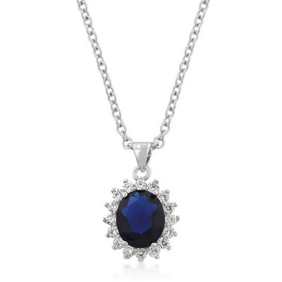 Royal Wedding Pendant Necklace with Sapphire Blue Oval Cubic Zirconia and Halo of Clear Stones – Rhodium Finish, 17.5"+4" Chain