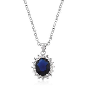 Royal Wedding Pendant Necklace with Sapphire Blue Oval Cubic Zirconia and Halo of Clear Stones – Rhodium Finish, 17.5"+4" Chain - 1 of 1