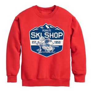 Boys' - Peanuts - Snoopy and Woodstock Ski Shop Graphic Long Sleeve Fleece Sweatshirt - 1 of 4