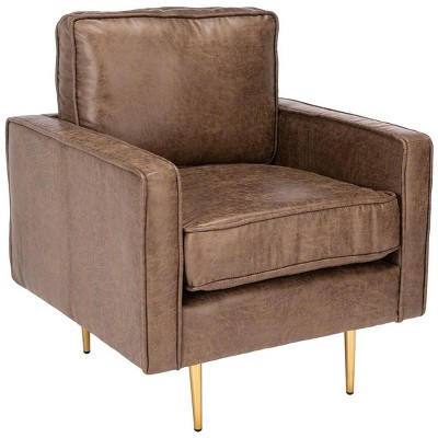 Rustic Brown Leather Accent Chair with Gold Metal Legs