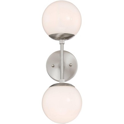 Possini Euro Design Mid Century Modern Wall Light Sconce Brushed Nickel 17 3/4" High 2-Light Fixture Opal Glass Bathroom Hallway