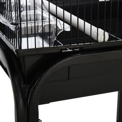 Black Metal Indoor Bird Cage with Rolling Stand and Storage Basket