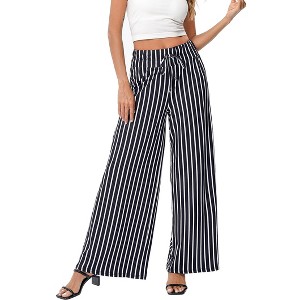 MISSKY Women's Wide Leg Pants Casual Palazzo Summer Flowy Pants Elastic High Waist Lounge Drawstring Long Trousers - 1 of 4