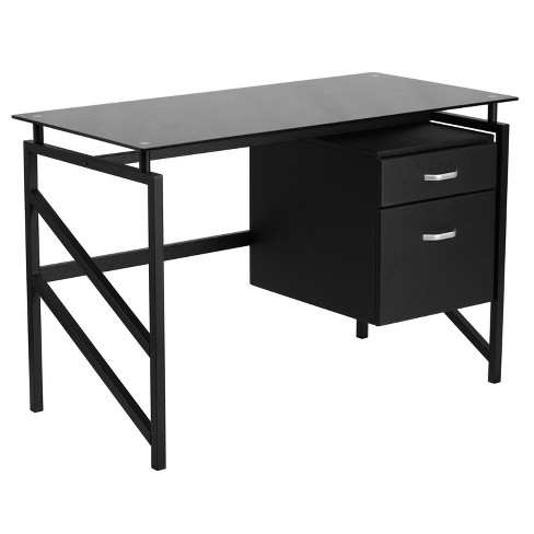 Glass Desk With Two Drawer Pedestal Black Glass Top Black Frame