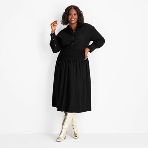 Women's Collared Long Sleeve Smocked Midi Shirtdress - Future Collective - 1 of 3