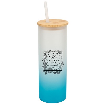 Elanze Designs He Restores My Soul Psalm Floral Frame Wrap-Around Design 25 Ounce Frosted Gradient Glass On-The-Go Coffee Travel Skinny Tumbler Mug