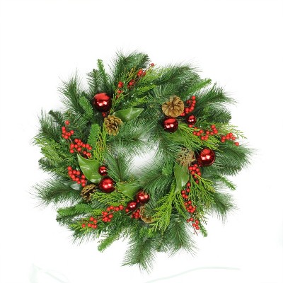 Arett Sales 24" Unlit Mixed Hampton Pine Cone, Berry and Red Ball Ornament Artificial Christmas Wreath