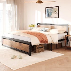 Full/Queen/King Size 14 Inch Metal Bed Frame with Wooden Headboard and Footboard, Underbed Storage - 1 of 4