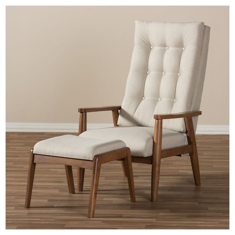 Roxy Mid - Century Modern Wood Finish - Back Lounge Chair and Ottoman Set - Light Beige, "Walnut" Brown - Baxton Studio, 5 of 7