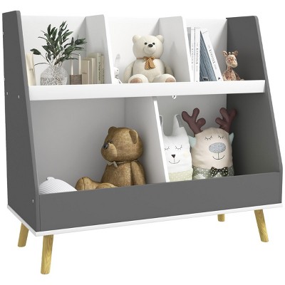 INFURNIC Decorative Bookshelf 2 Tier Kids Bookcase with 5 Compartments and Pine Wood Legs, Gray, 31.5"*13.4"*28.5"