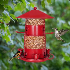 VECELO Hanging Wild Bird Feeder for Outdoors, Large Capacity Outside Bird Feeder with 4 Water Cups, 6 Feeding Ports & Perch, Red - 1 of 4