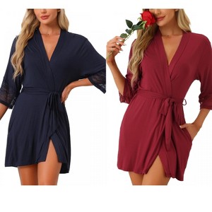 INSPIRE CHIC Women's 2 Pcs Lightweight Knit Cotton Short Robe Sleepwear with Pockets - 1 of 4