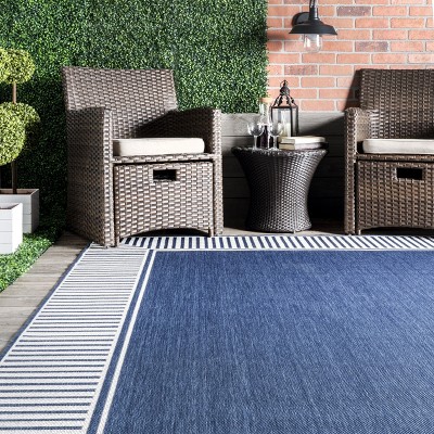 Navy and White Striped Synthetic Indoor/Outdoor Rug