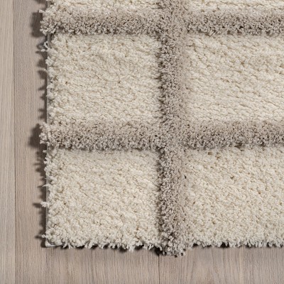 Beige and Gray Checkered Synthetic Shag Area Rug, 4' x 6'