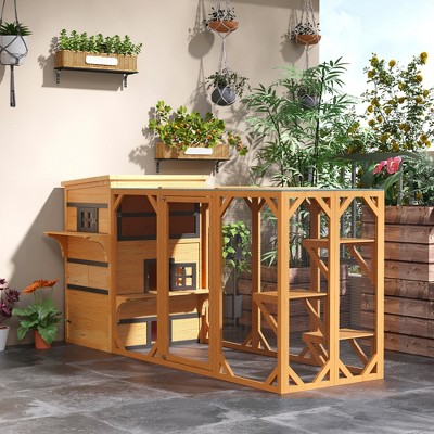 Yellow and Black Wooden 3-Story Outdoor Cat House with Raised Floor