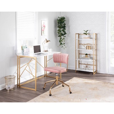 Contemporary Pink Velvet Swivel Task Chair with Gold Metal Base
