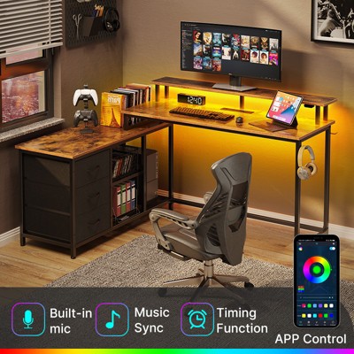 Greenstell L-shaped computer desk - with LED lights, charging socket, and fabric drawer for storage