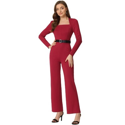 Allegra K Women's Elegant Square Neck Long Sleeve Wide Leg Long Pants Dressy Jumpsuit