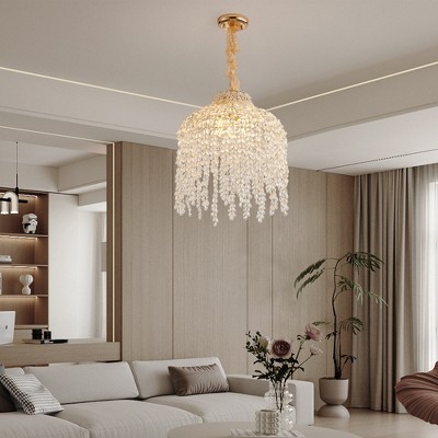 16 Inch 5-Light Crystal Pendant Light Chandelier Crystal Bead Strings and Gold Finish for Living Room, Bedroom, or Dining Area (Bulb Not Included)