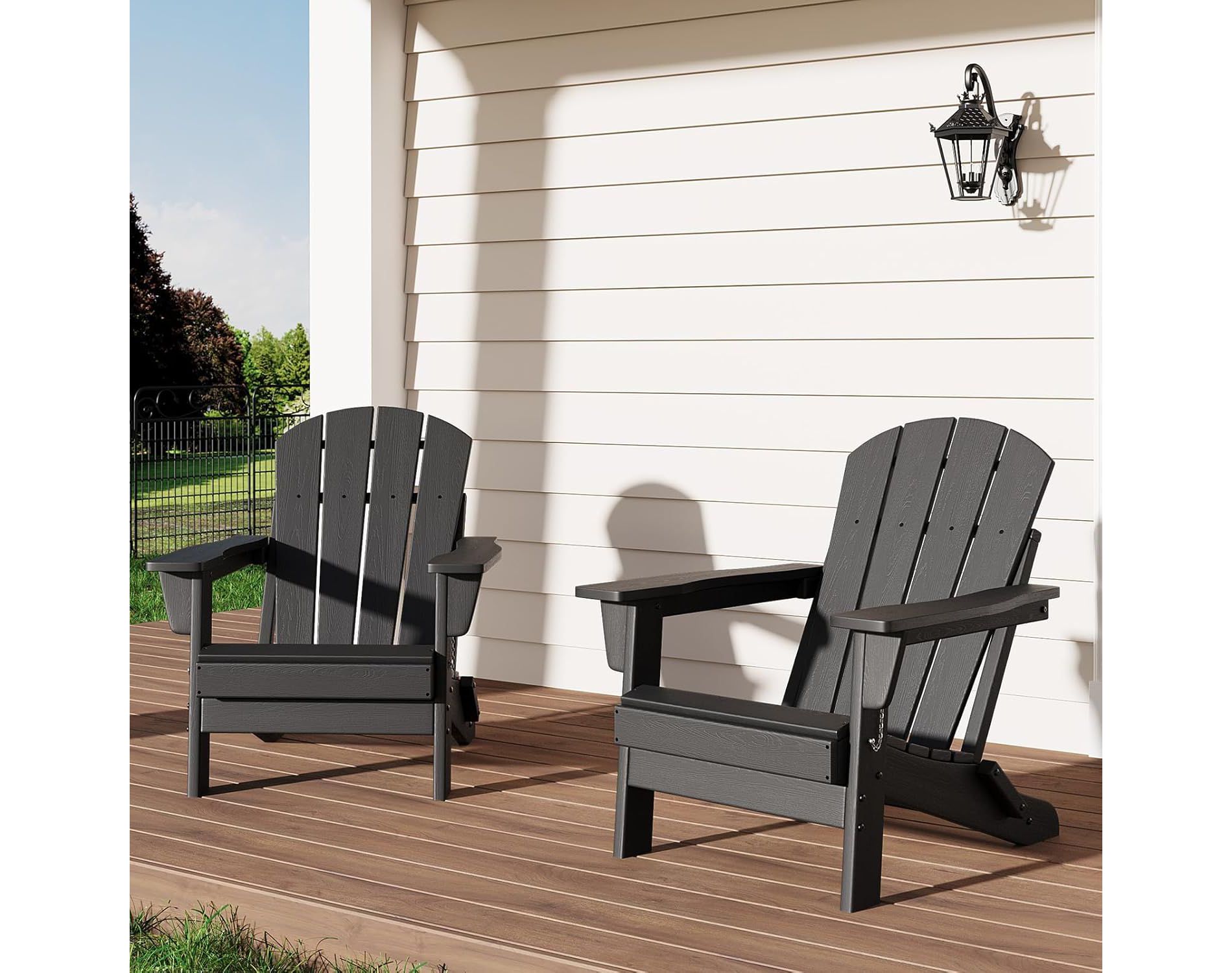 Acekool Folding Adirondack Chairs set of 2, HDPE Plastic Outdoor Chair Wood Texture, 380lbs, Patio/Deck/Backyard – Gray