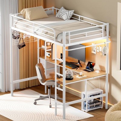 Hausource Twin Size Loft Bed with LED Light, L-Shaped Desk, 2 Drawers & Shelf, Charging Station