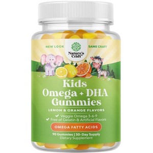 Kids + Omega DHA Gummies, Delicious Gummies for Kids Vision, Immunity and Focus, Lemon & Orange Flavor, Nature's Craft, 90ct - 1 of 4