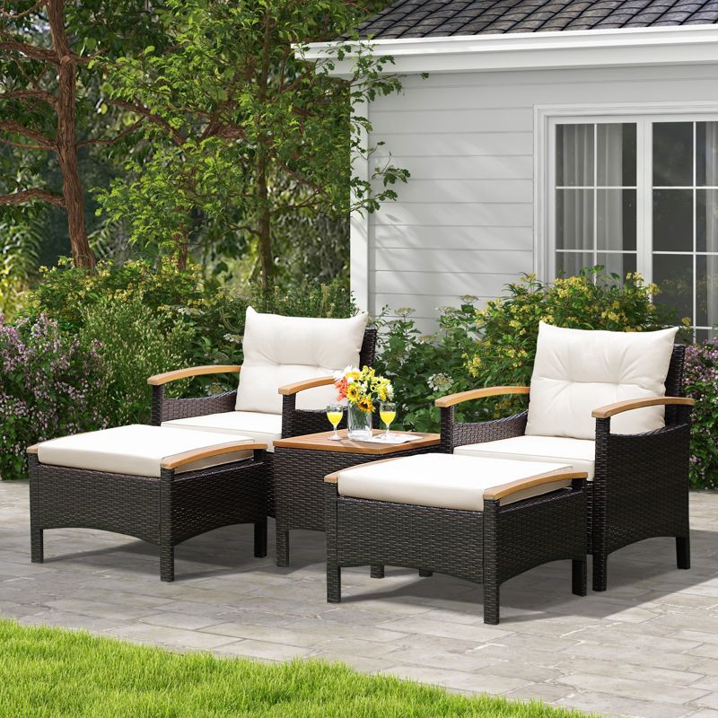 Tangkula Outdoor Patio 5PCS Rattan Conversation Furniture Set Acacia Wood Frame Chair with Coffee Table & 2 Ottomans for Backyard&Poolside, 4 of 11