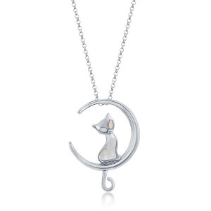 Bella Silver Sterling Silver, Mother of Pearl Cat on Moon 18" Pendant Necklace - White - 1 of 2