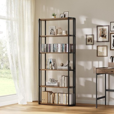 6 Tier Industrial Bookshelf, 71 Inch Tall Narrow Wooden Bookcase with Iron Frames, Compact Open Display Shelving Unit, Apartments