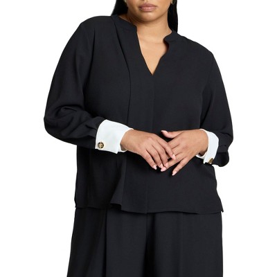 ELOQUII Women's Plus Size Neck Pleat Blouse With Contrast Cuff