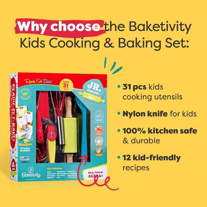 Baketivity 31 Pcs Kids Cooking & Baking Set with Kids Knife & Real Cooking Utensils - Kids Baking Set Gift for Girls & Boys, 2 of 10