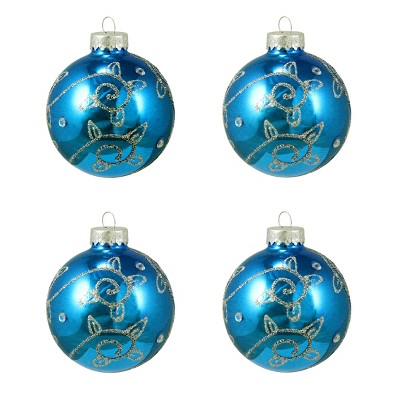 Northlight 4ct Shiny Blue Flourish Glittered Glass Ball Christmas Ornaments 2.5" (65mm)