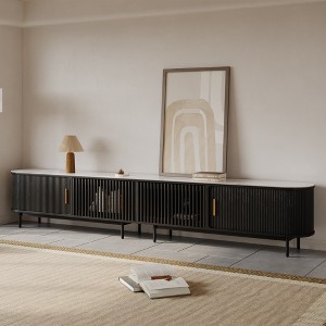 POVISON 118.11"Mid-Century Modern Glossy Sintered Stone Tabletop TV Stand,Black Tambour Door Media Console,Rolling Door TV Console - 1 of 4