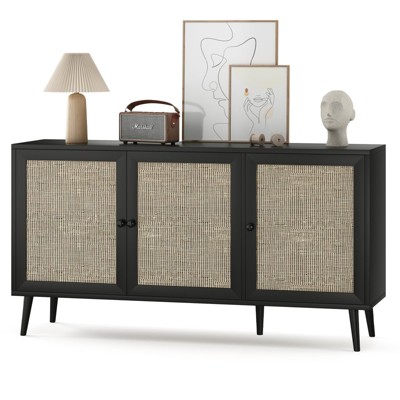 Lirago,Natural Rattan Sideboard with 3 Doors-Kitchen & Living Room Storage Cabinet,Black