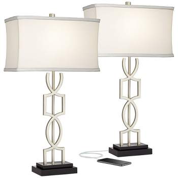 360 Lighting Evan Modern Table Lamps 28 1/2" Tall Set of 2 Brushed Nickel with USB Charging Port Table Top Dimmers White Rectangular Shade for Bedroom