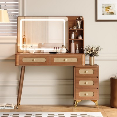 SKRAN 47" Vintage Makeup Vanity with Mirror, Dressing Table with 5 Rattan Drawers, Storage Shelf and Sturdy Metal Feet for Makeup Room and Bedroom