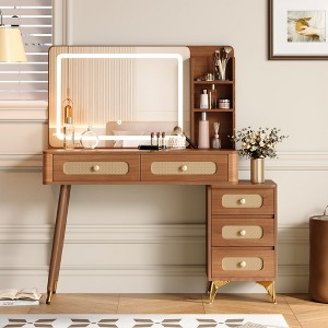 SKRAN 47" Vintage Makeup Vanity with Mirror, Dressing Table with 5 Rattan Drawers, Storage Shelf and Sturdy Metal Feet for Makeup Room and Bedroom - 1 of 4