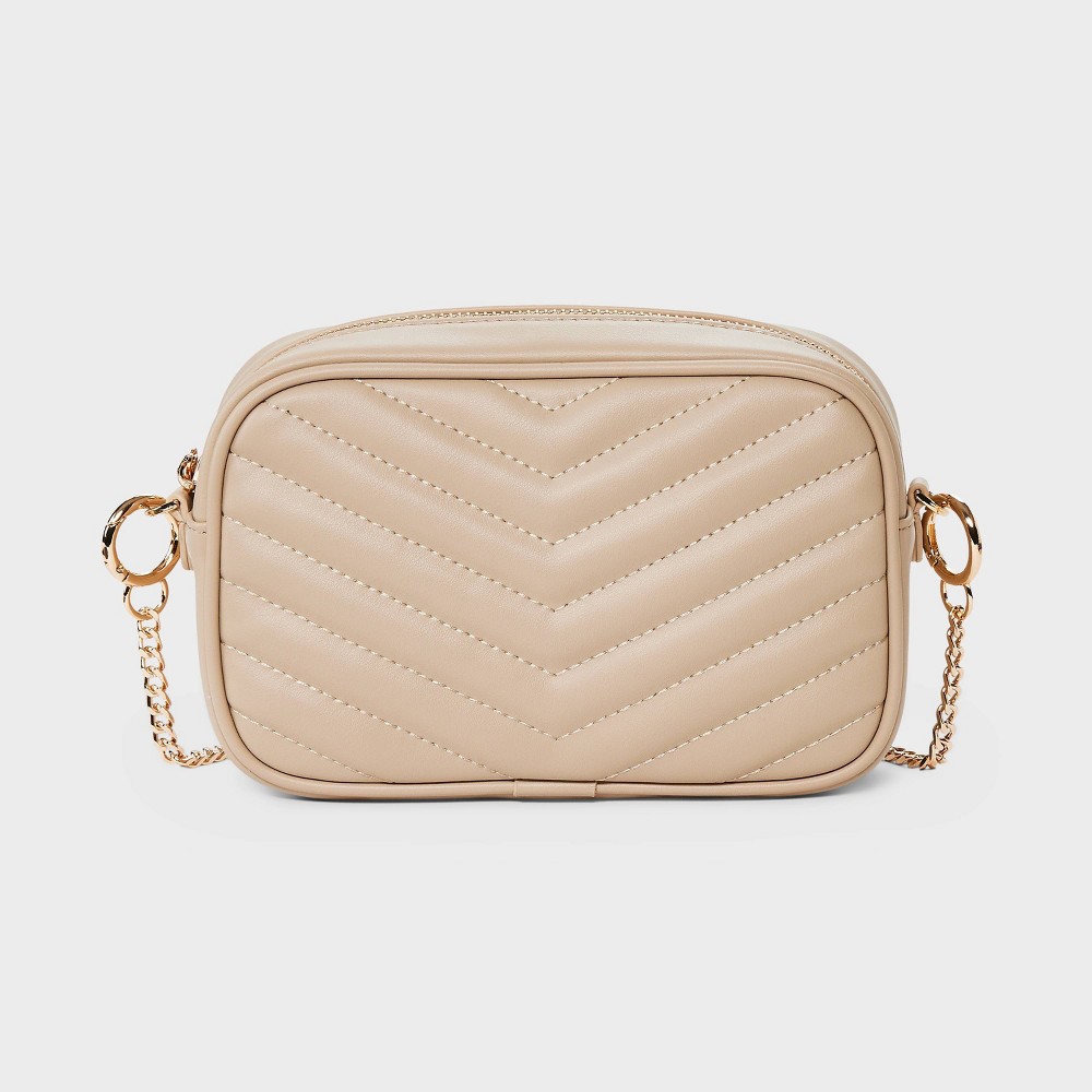 Photos - Women Bag Quilted Camera Crossbody Bag - A New Day™ Tan: Faux Leather, Chain Strap, Softside Design