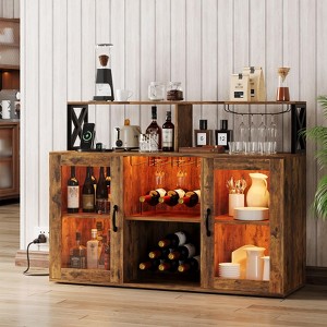 Bar Cabinet with LED Lights & USB Ports - Wine & Liquor Cabinet for Home, Rustic Farmhouse Style, Alcohol, Glass Holder,Brown - 1 of 4