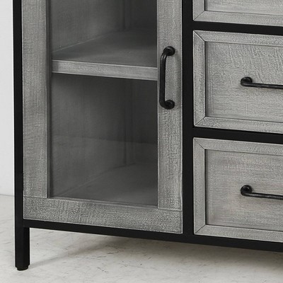 Gray Wood and Metal Cabinet with Glass Doors and Drawers