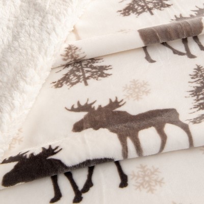 Full Size Moose Pattern Reversible Sherpa Fleece Blanket