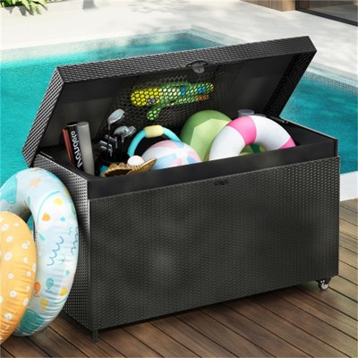 SKRAN Wicker Deck Box with Wheels, All-Weather Outdoor Storage Box, Rattan Storage Bin for Patio, Outdoor, Pool