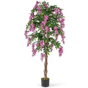 Costway 1/2 PCS 5.5 FT Tall Artificial Ficus Tree Faux Wisteria Plant in Nursery Pot Decoration Pink/Purple - 1 of 4