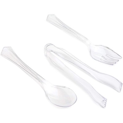 Sparkle and Bash 24-Piece Disposable Serving Utensils, Large Plastic Salad Spoons/ Forks/ Tongs for Catering Parties Banquet Wedding, Clear