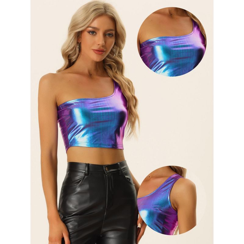 Allegra K Women's Metallic Cropped One-Shoulder Party Cropped Holographic Tank Tops, 2 of 6