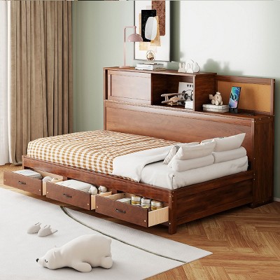 Twin Size Daybed with Storage Drawers and Built-in Shelf, Bed with Upholstered Backrest and USB Ports, Wood Finish-Baofuwish