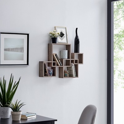Weathered Oak 14" Intersecting Cube Floating Wall Shelf